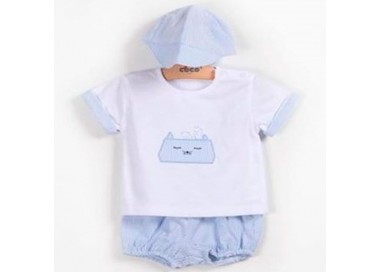 Conjunto bombacho tres piezas para bebé en celeste. Marca Cocco Acqua. Temporada Verano.