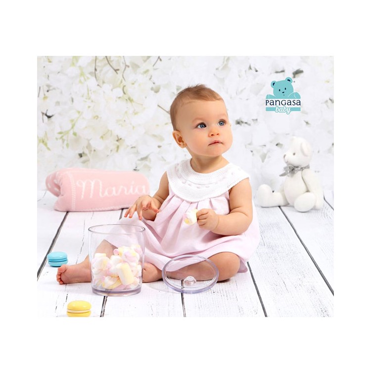 Vestido para bebé, color rosa combinado con blanco. Marca Pangasa Baby. Temporada verano.