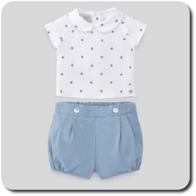 Conjunto de pantalón para niño, color Blanco/Azul océano. Temporada verano 2023. Colección Ceo. Marca Paz Rodríguez.