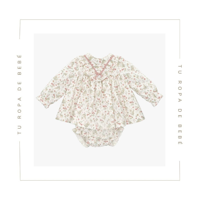 Vestido estampado para bebé con braguita a juego. Colección Fleur. Marca Martín Aranda. Nueva Colección Invierno 2024.