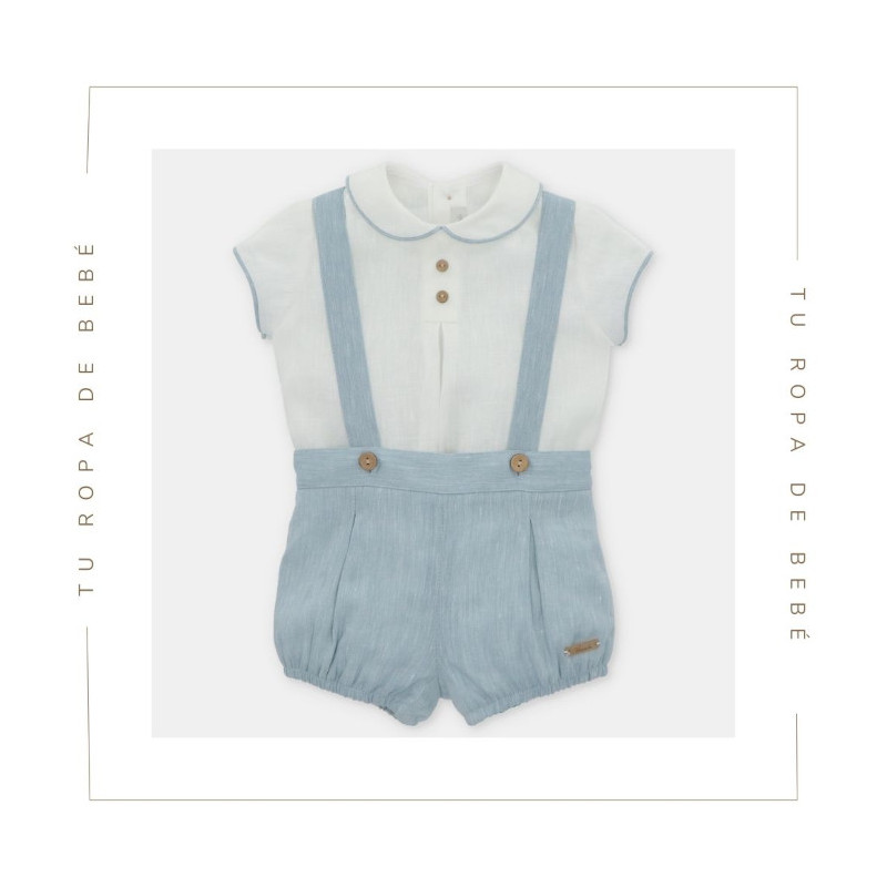 Conjunto de bombacho y camisa para bebé en color azul empolvado. Colección Lin. Marca Martín Aranda. Temporada Verano 2024.
