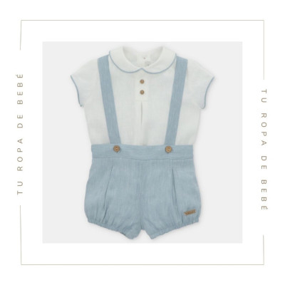Conjunto de bombacho y camisa para bebé en color azul empolvado. Colección Lin. Marca Martín Aranda. Temporada Verano 2024.