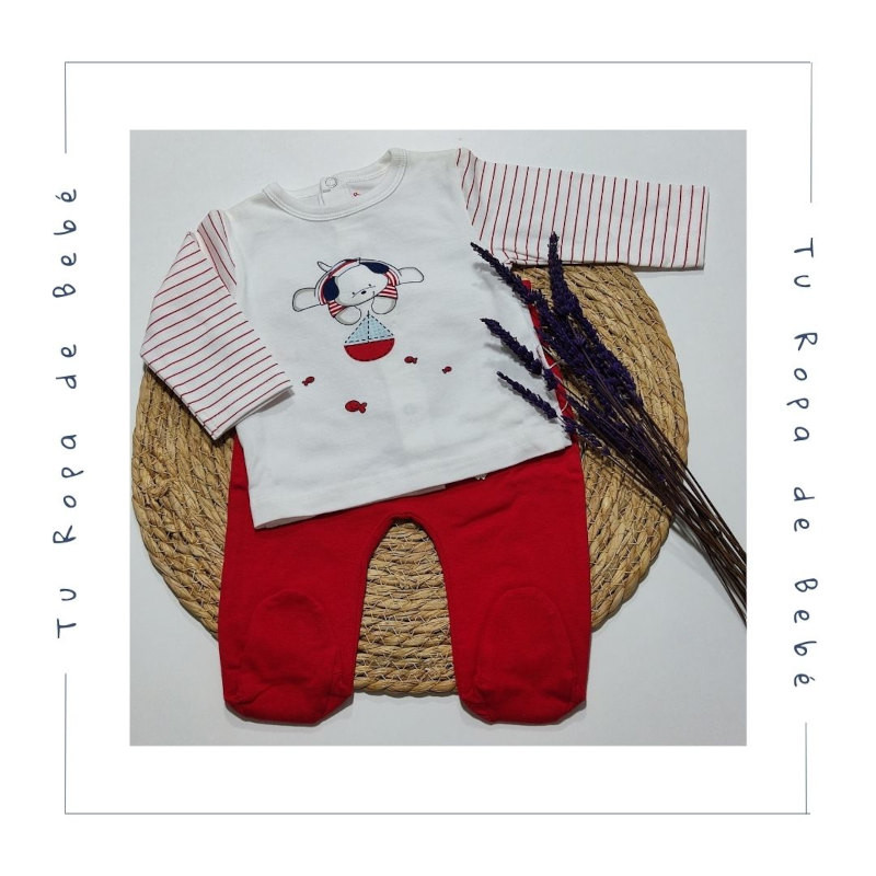 Pijama dos piezas de verano para bebé. Color rojo/blanco. Marca Babybol.