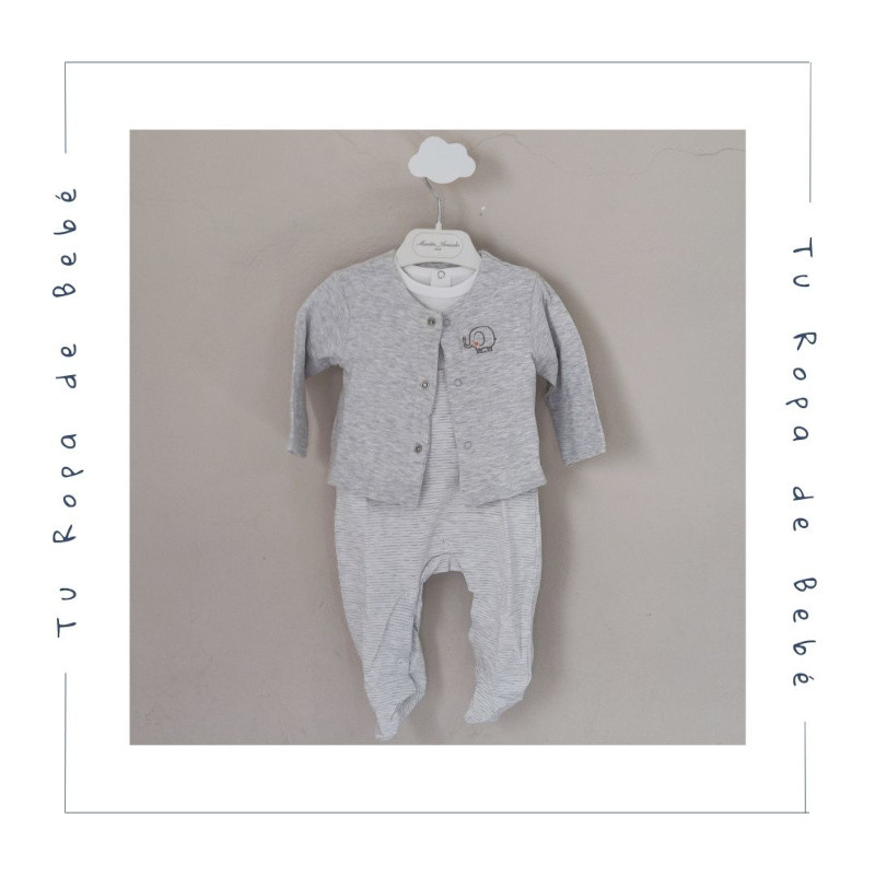 Conjunto de peto de verano para bebé compuesto de tres piezas. Color gris. Marca Babybol.