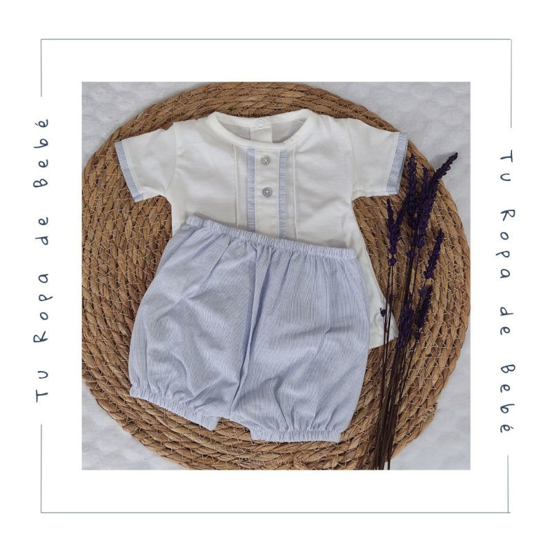 Conjunto de pantalón de verano para niño. Color blanco/celeste. Marca Linn By Diacar.