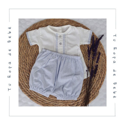Conjunto de pantalón de verano para niño. Color blanco/celeste. Marca Linn By Diacar.