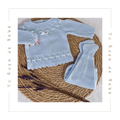 Conjunto de polaina para bebé en celeste/blanco y cielo/blanco. Marca Juliana. Temporada Verano.